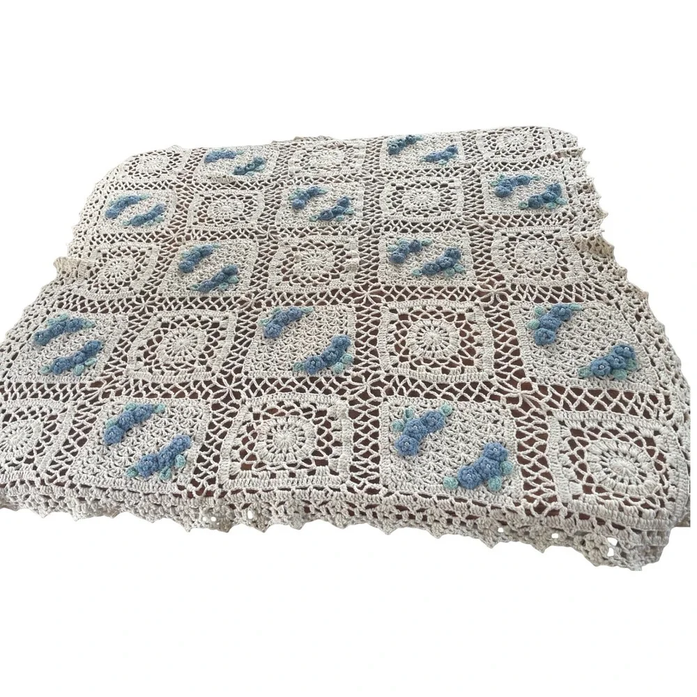 Vintage Style Crochet Throw Blanket 51x48 Cream Blue 3D Floral Pearl Accents